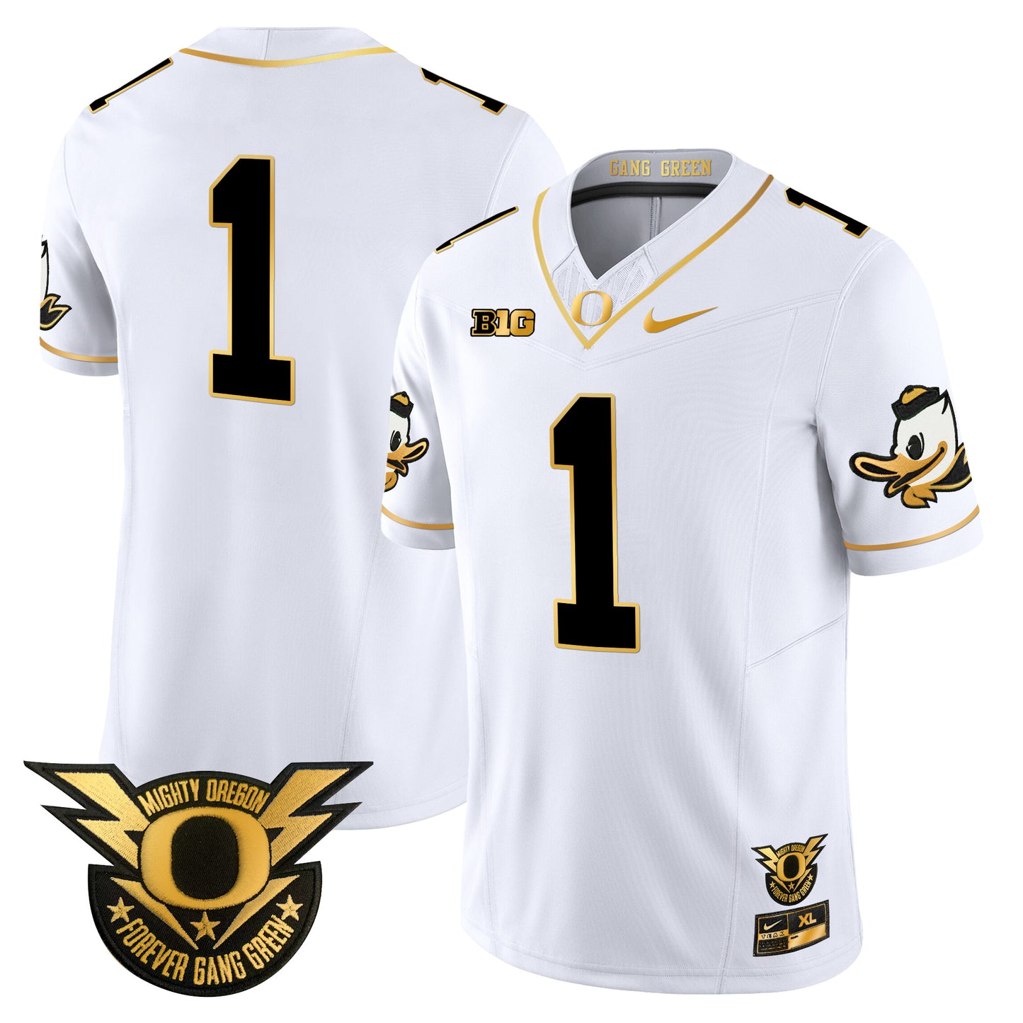 Oregon Ducks 2024 Forever Gang Green & BIG Patch Gold Vapor Limited Jersey - All Stitched