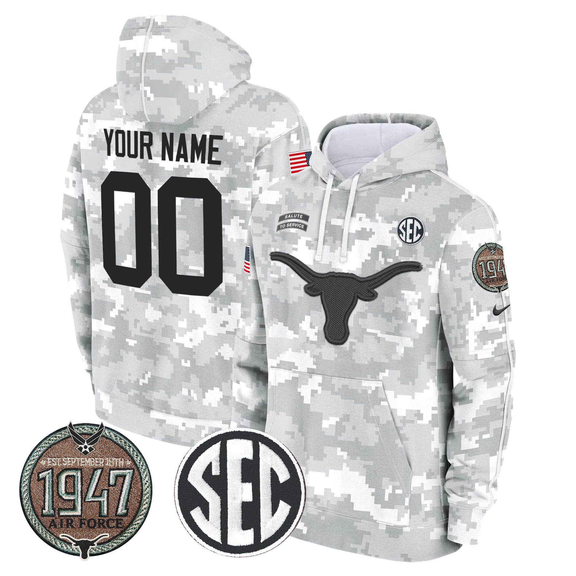 Longhorns 2024 Salute to Service Establishment Year Patch Custom Fleece Pullover Hoodie