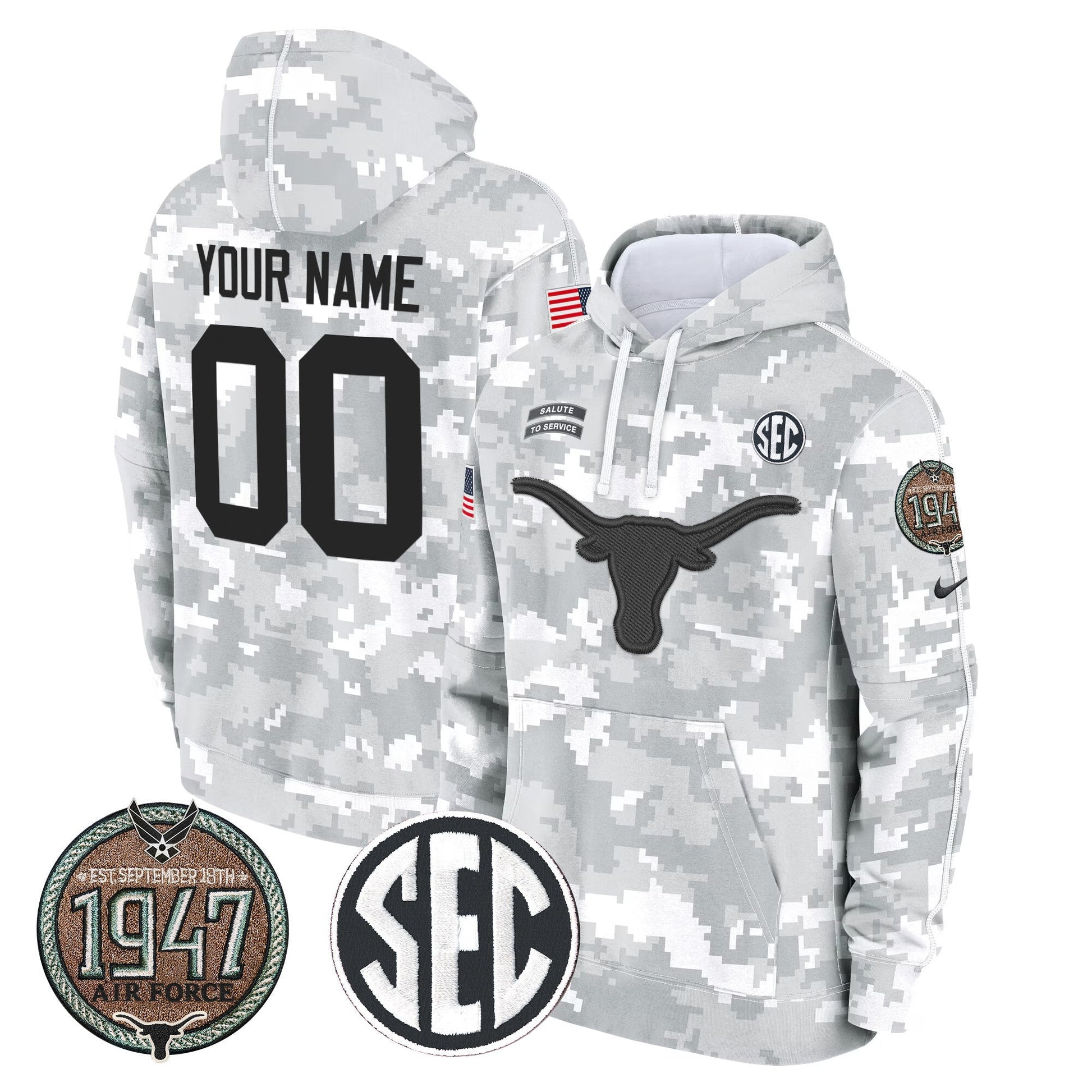 Longhorns 2024 Salute to Service Establishment Year Patch Custom Fleece Pullover Hoodie