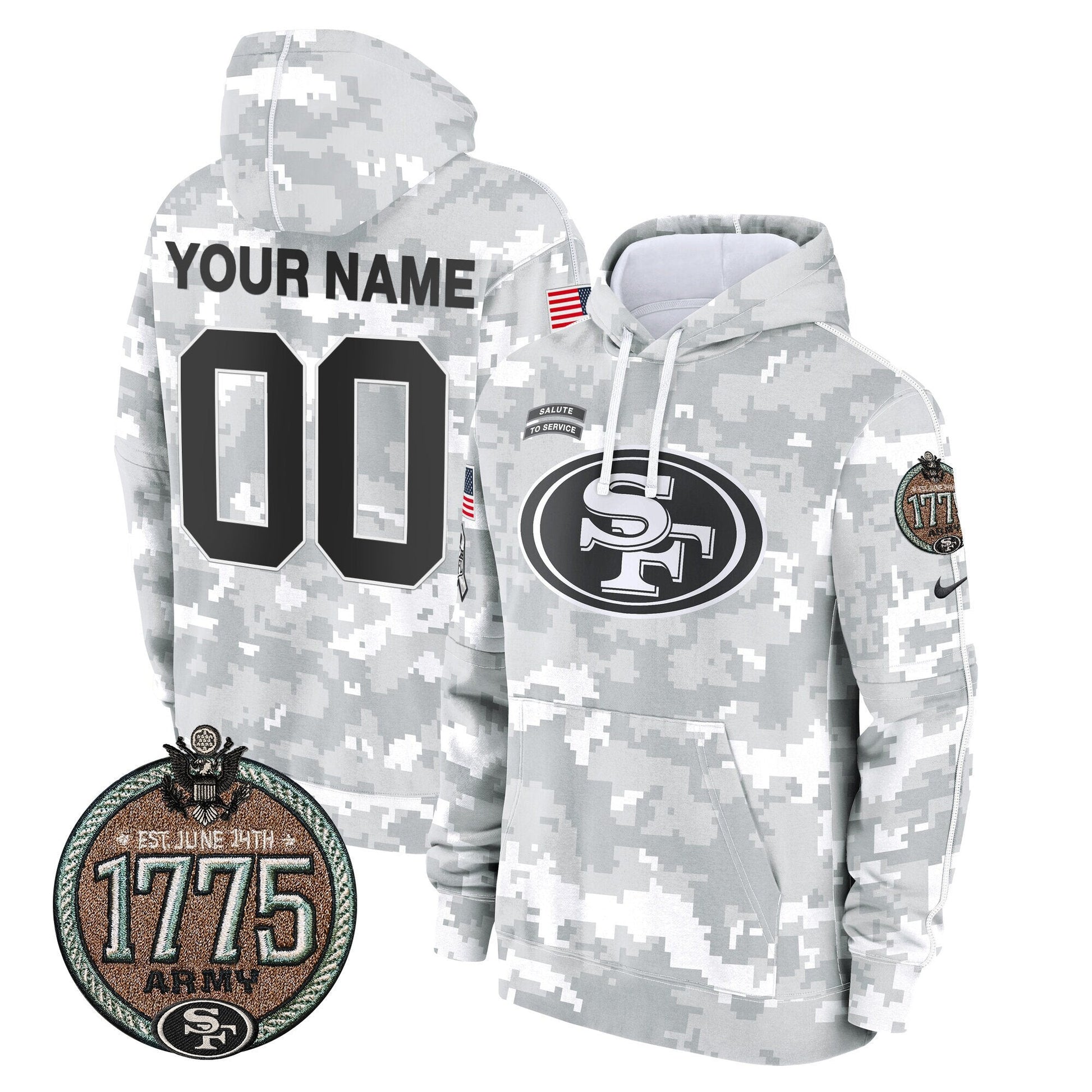 49ers 2024 Salute to Service Establishment Year Patch Custom Fleece Pullover Hoodie