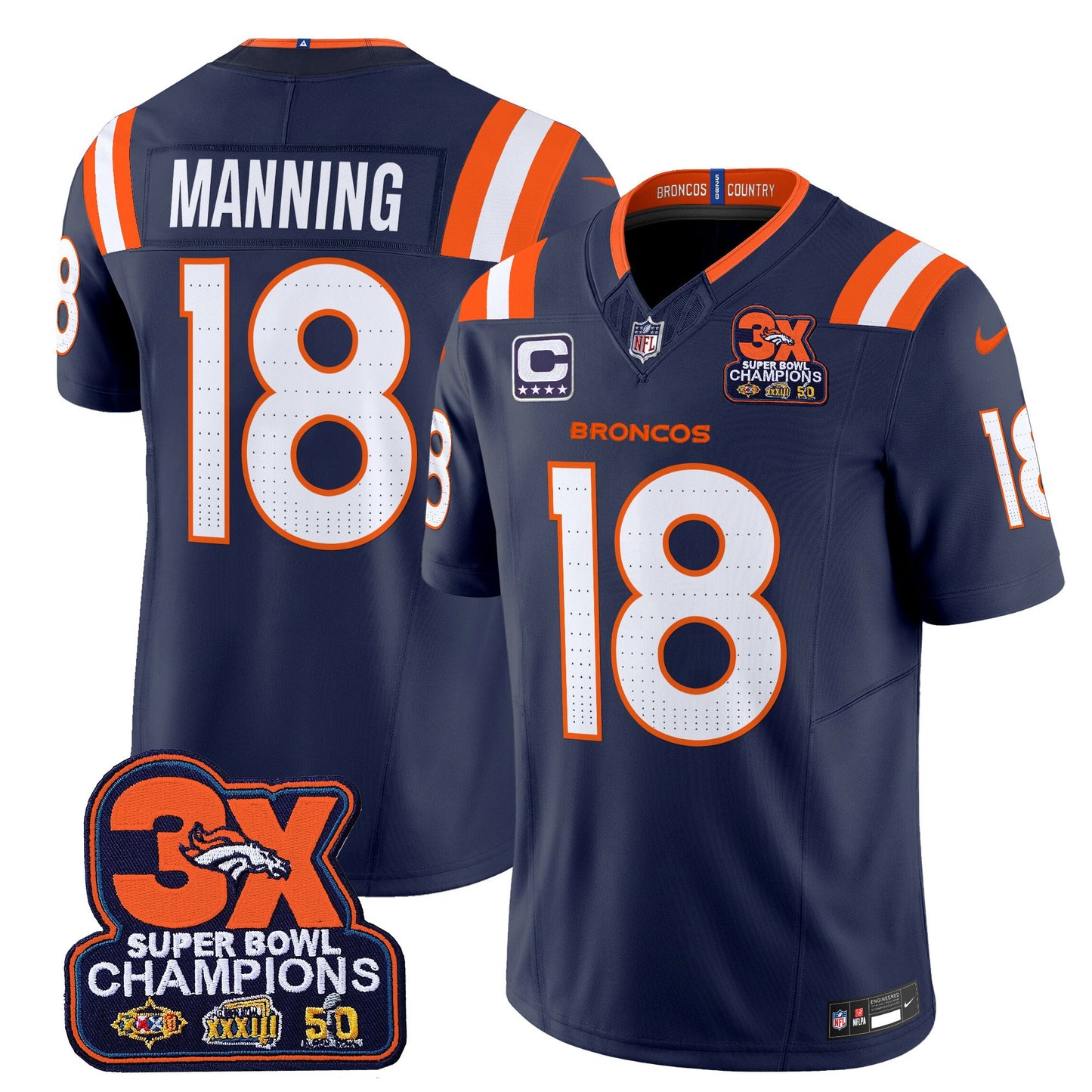 Denver Broncos 3-Time Champions Patch Vapor Limited Jersey V2 - All Stitched