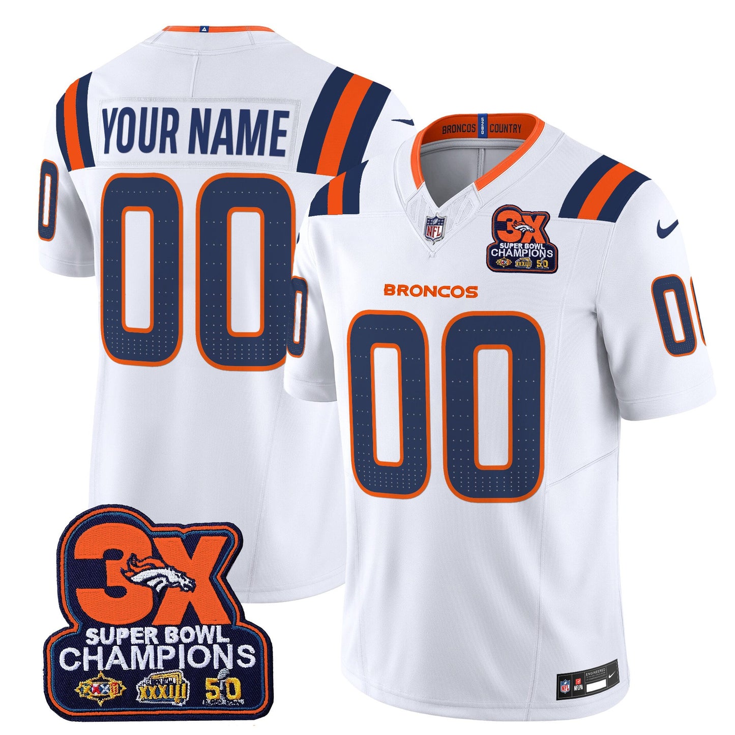 Denver Broncos 3-Time Champions Patch Vapor Limited Custom Jersey V2 - All Stitched