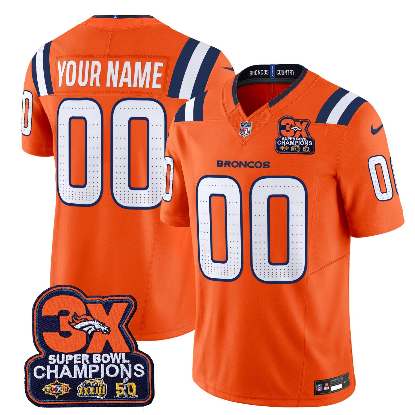 Denver Broncos 3-Time Champions Patch Vapor Limited Custom Jersey V2 - All Stitched