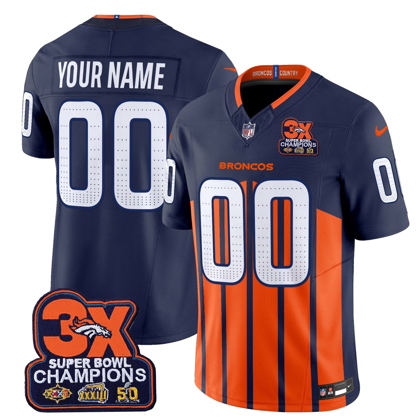 Denver Broncos 3-Time Champions Patch Vapor Limited Custom Jersey V2 - All Stitched