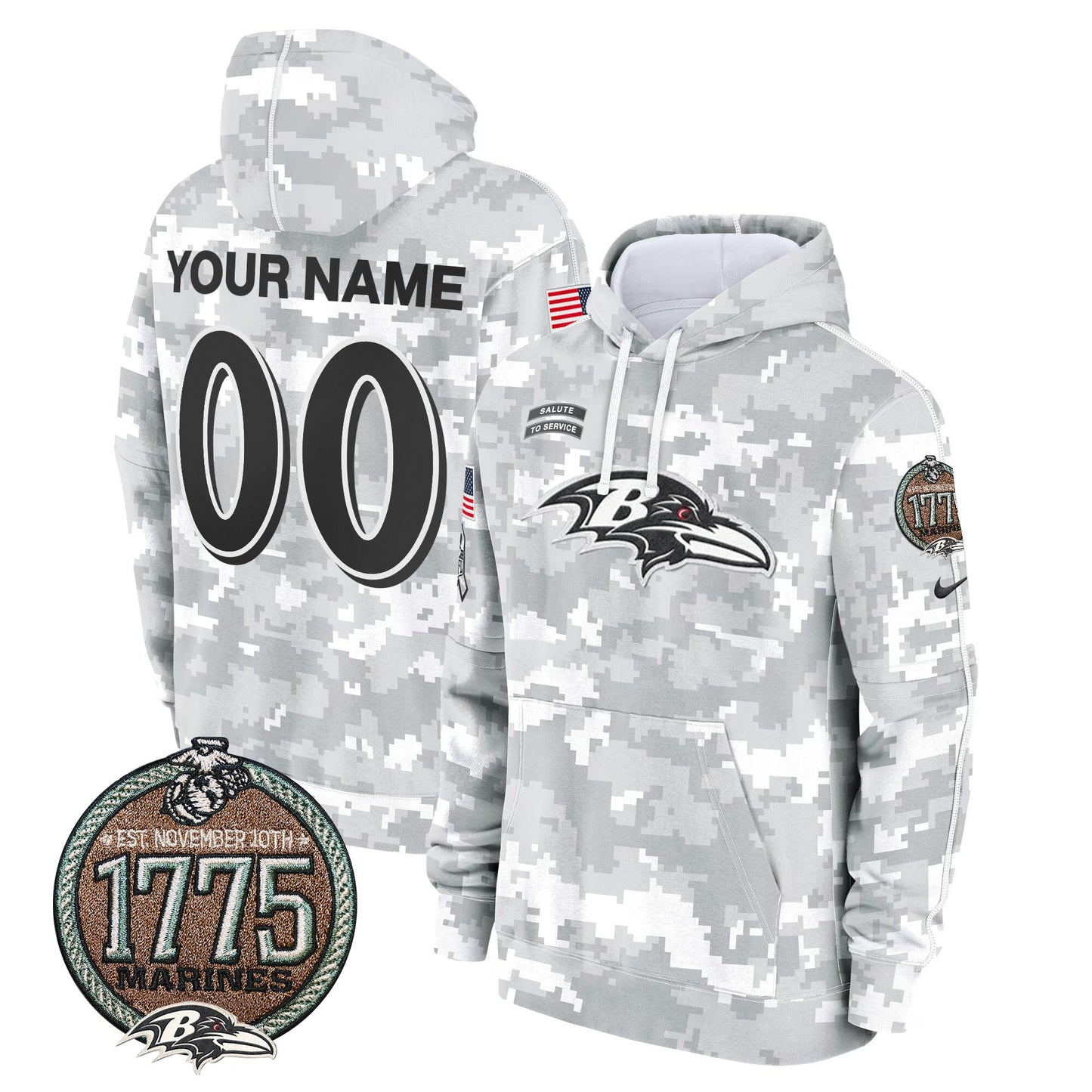 Ravens 2024 Salute to Service Establishment Year Patch Custom Fleece Pullover Hoodie