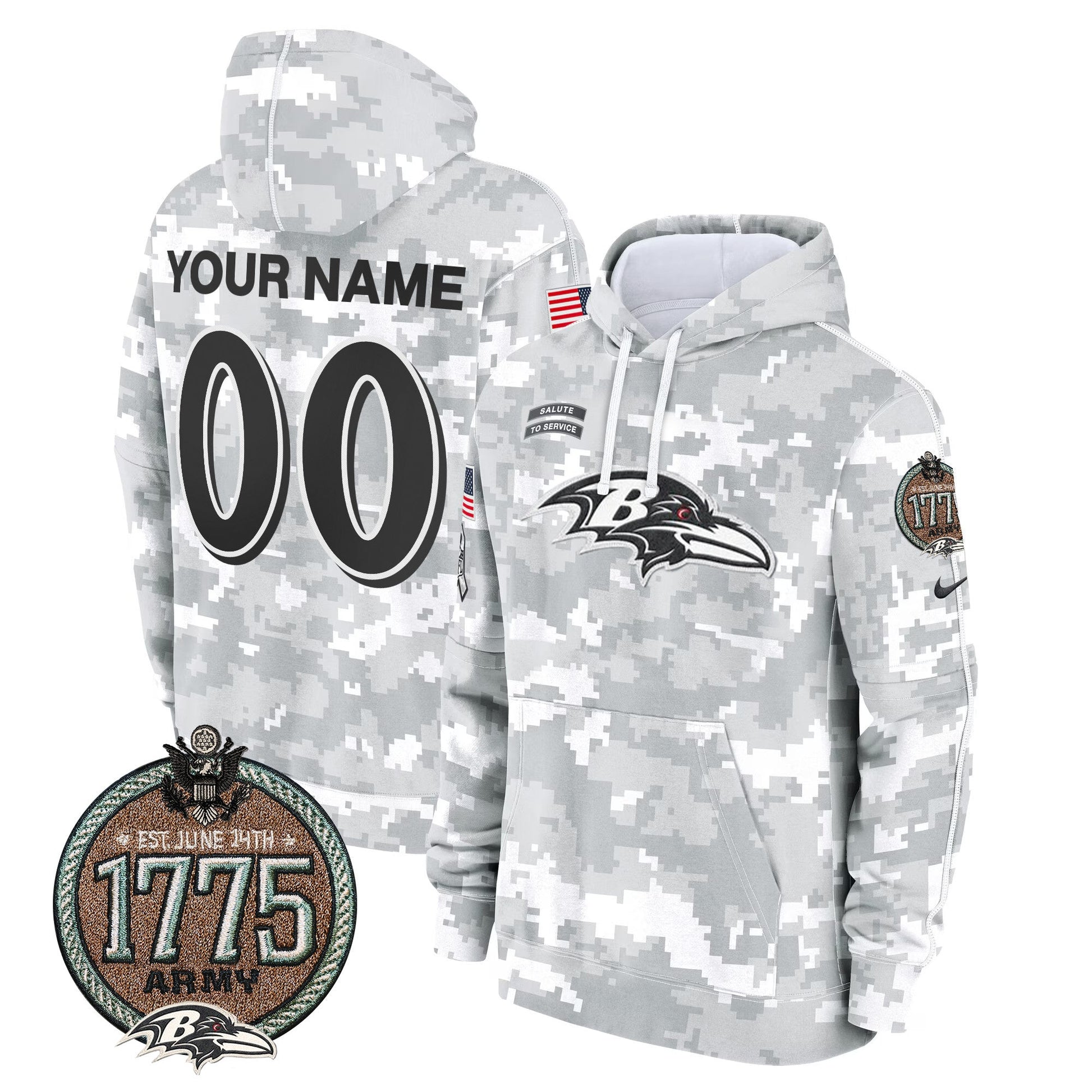 Ravens 2024 Salute to Service Establishment Year Patch Custom Fleece Pullover Hoodie