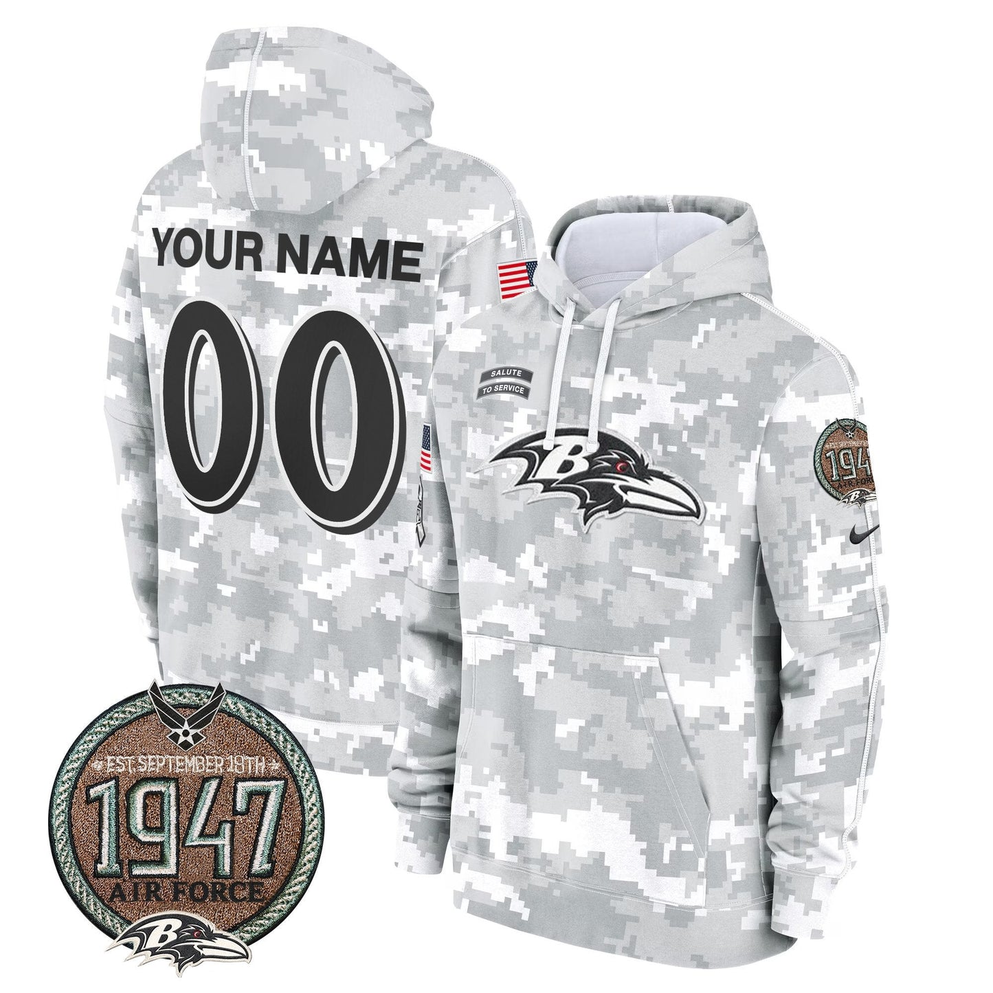 Ravens 2024 Salute to Service Establishment Year Patch Custom Fleece Pullover Hoodie