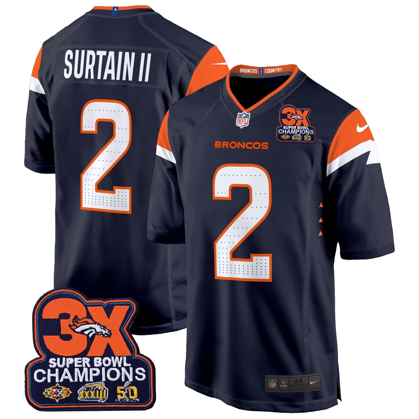 Denver Broncos 3-Time Champions Patch Game Jersey - Al Stitched