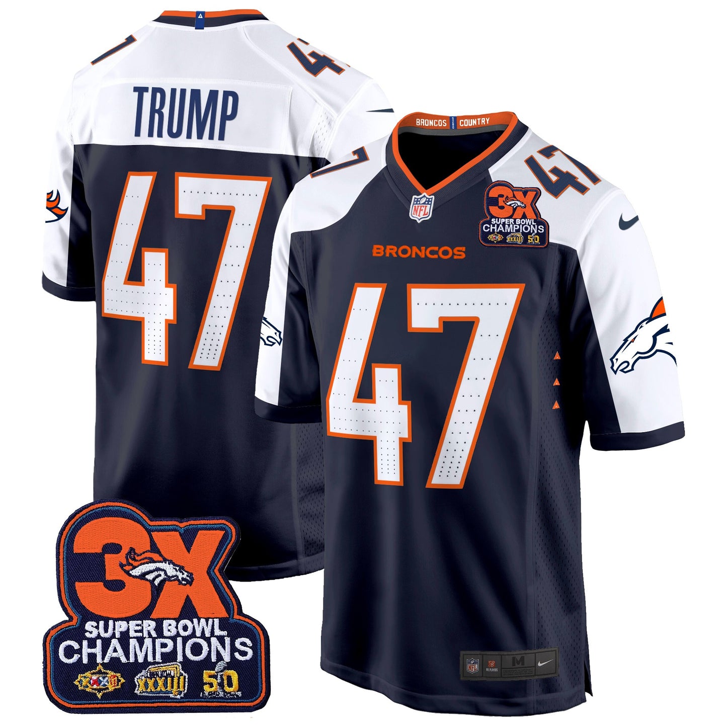 Denver Broncos 3-Time Champions Patch Game Jersey - Al Stitched