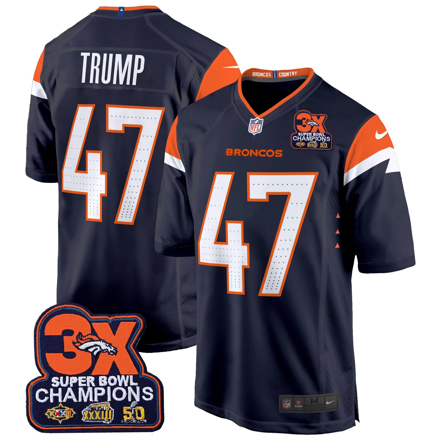 Denver Broncos 3-Time Champions Patch Game Jersey - Al Stitched