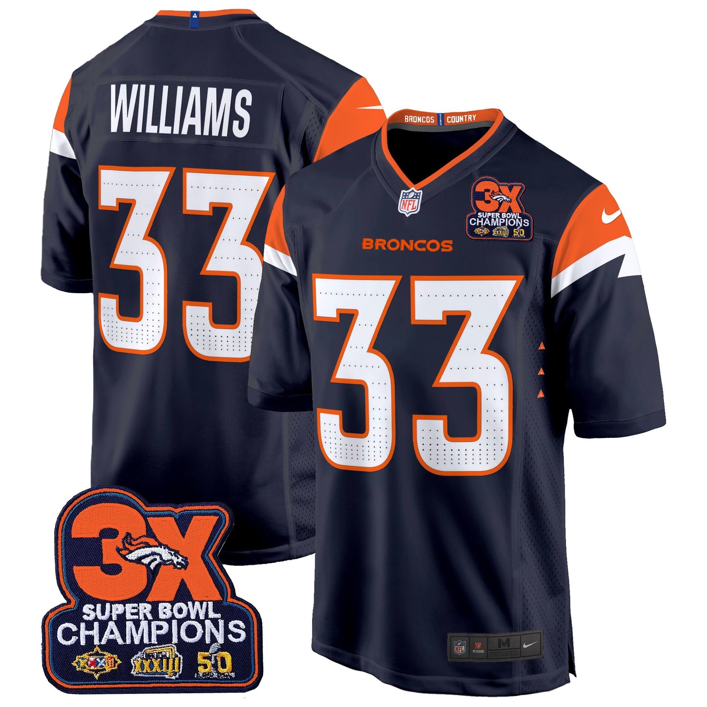 Denver Broncos 3-Time Champions Patch Game Jersey - Al Stitched