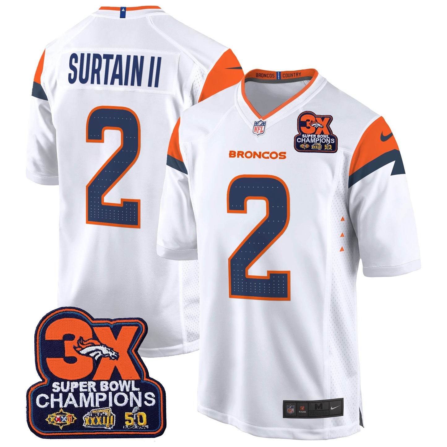 Denver Broncos 3-Time Champions Patch Game Jersey - Al Stitched