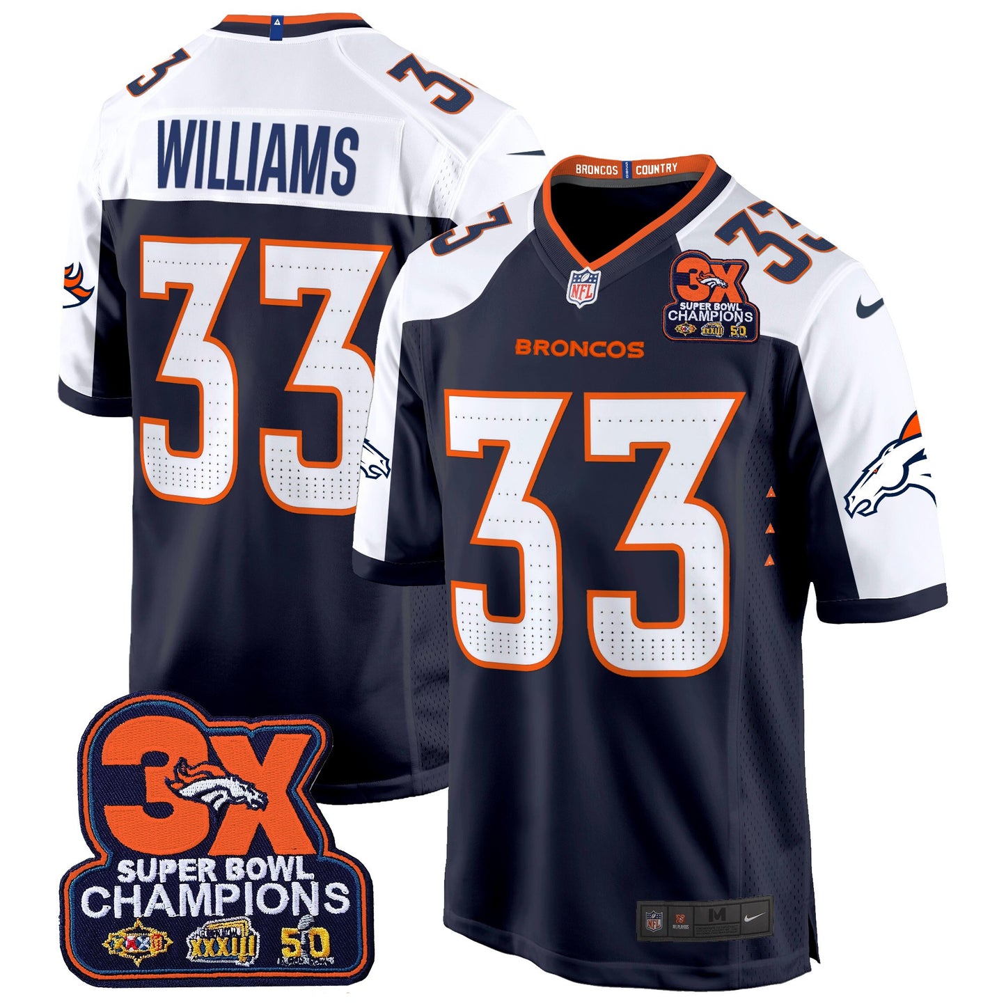 Denver Broncos 3-Time Champions Patch Game Jersey - Al Stitched