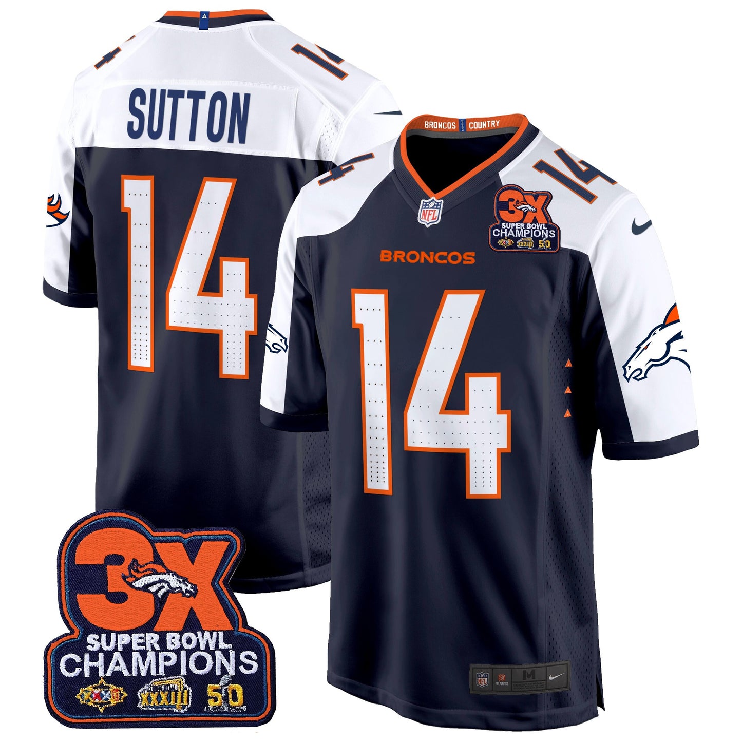 Denver Broncos 3-Time Champions Patch Game Jersey - Al Stitched