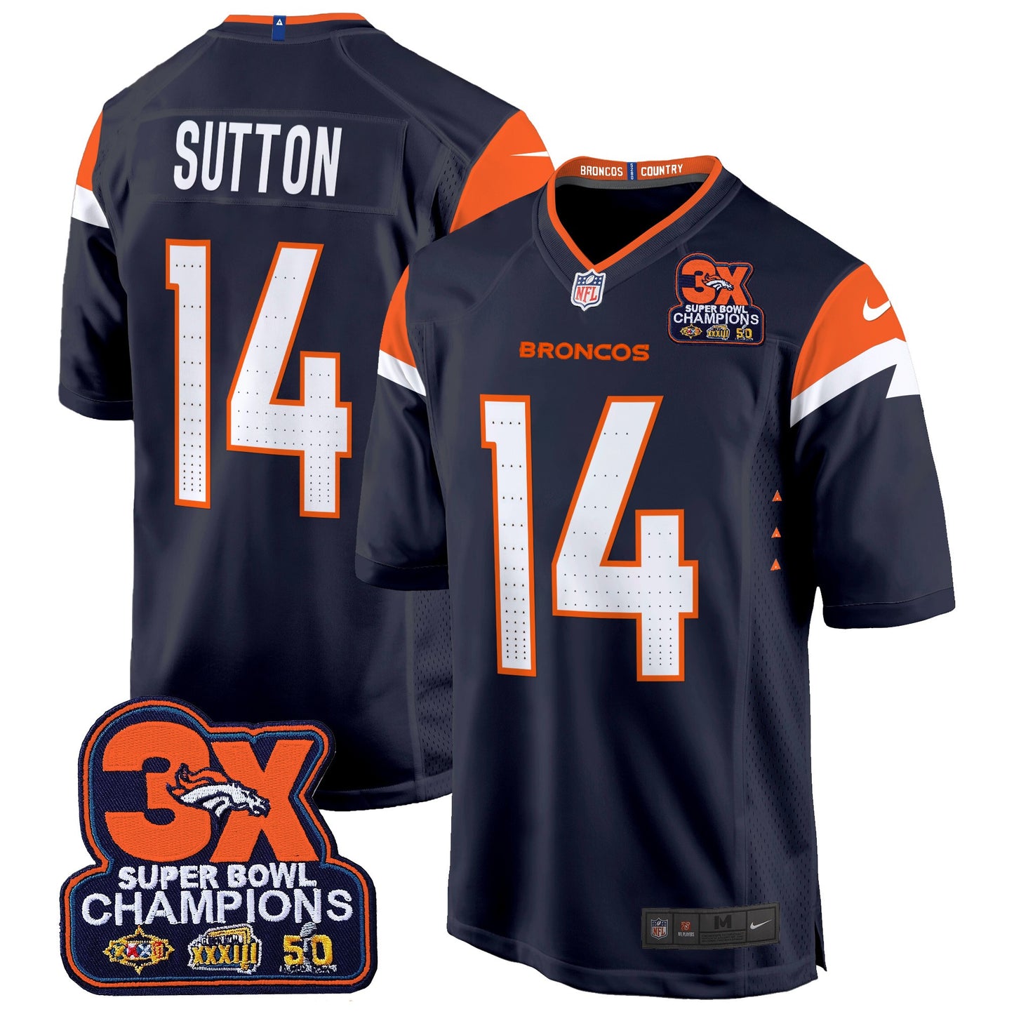 Denver Broncos 3-Time Champions Patch Game Jersey - Al Stitched