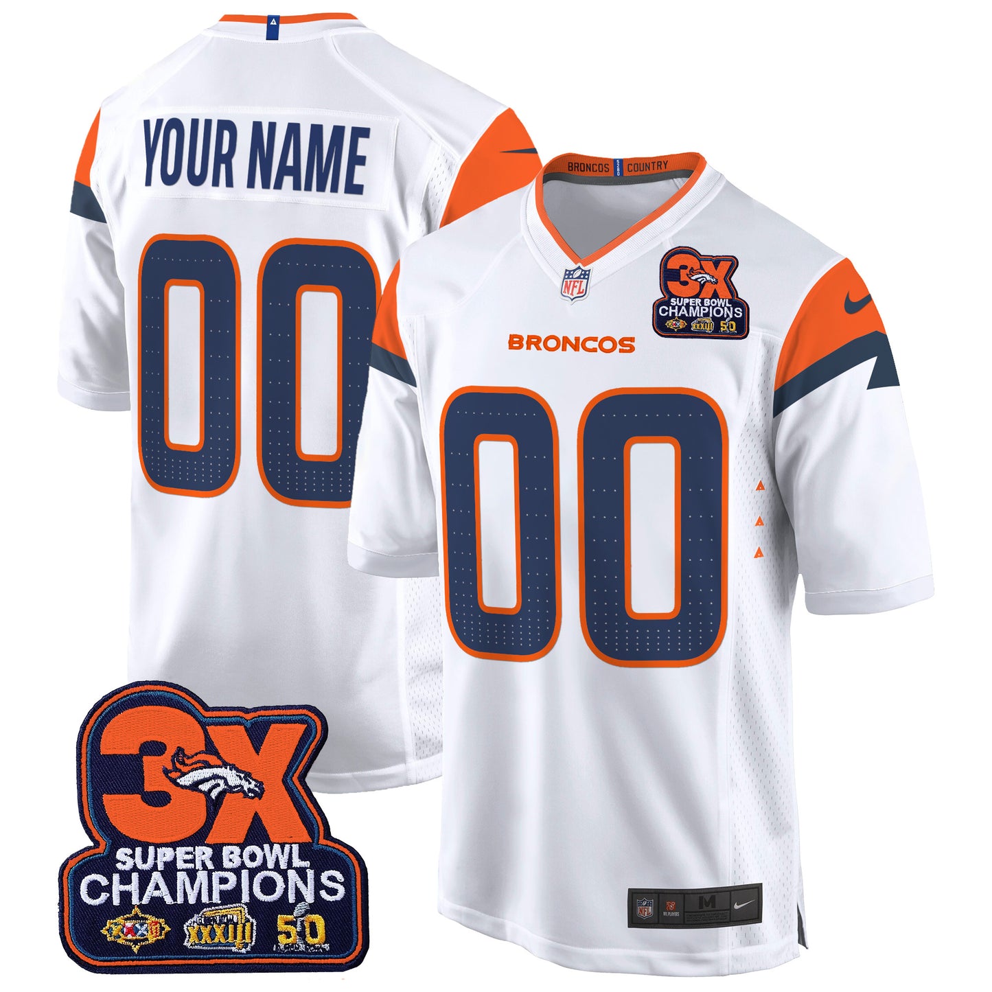 Denver Broncos 3-Time Champions Patch Game Custom Jersey - Al Stitched