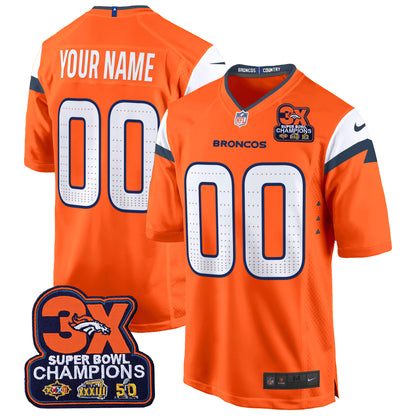 Denver Broncos 3-Time Champions Patch Game Custom Jersey - Al Stitched