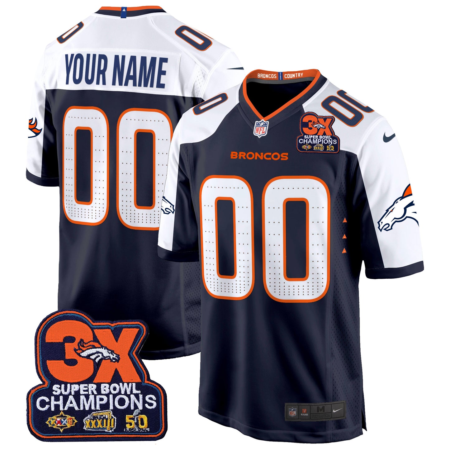 Denver Broncos 3-Time Champions Patch Game Custom Jersey - Al Stitched