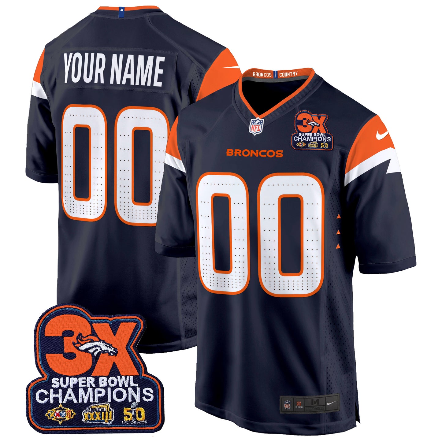 Denver Broncos 3-Time Champions Patch Game Custom Jersey - Al Stitched