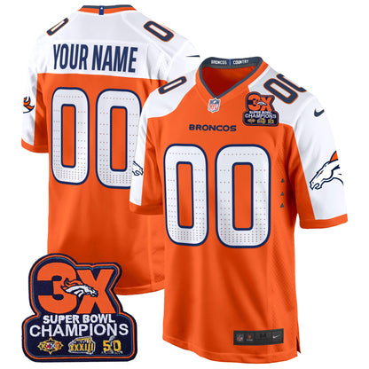 Denver Broncos 3-Time Champions Patch Game Custom Jersey - Al Stitched