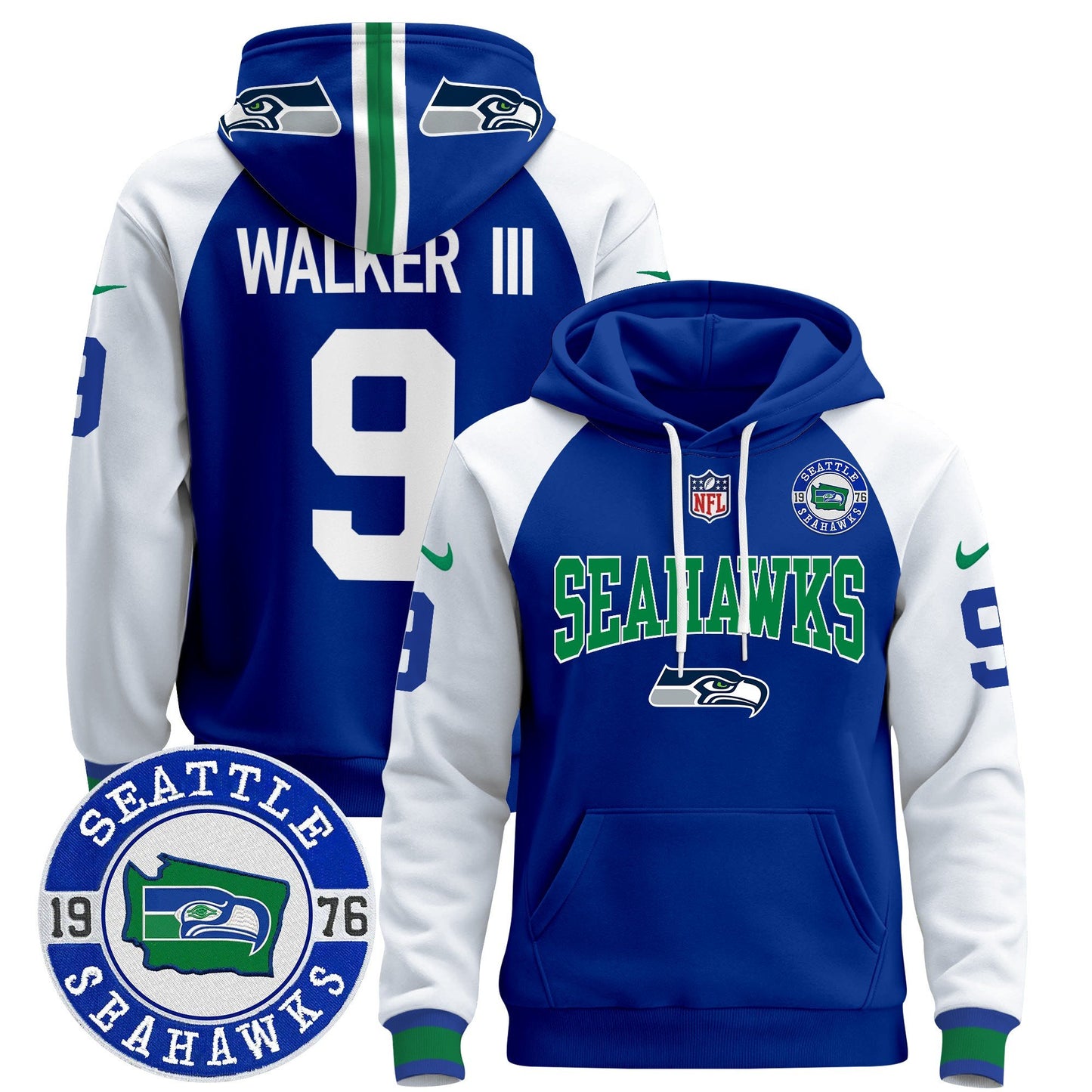 Seahawks Throwback Est. 1976 Patch Pullover Hoodie V2 - All Stitched