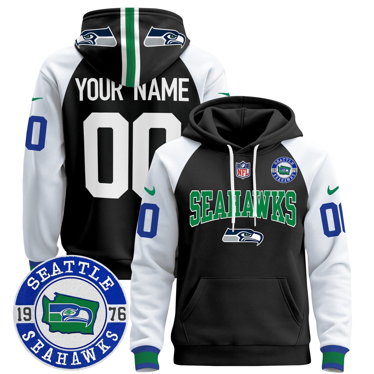 Seahawks Throwback Est. 1976 Patch Custom Pullover Hoodie V2 - All Stitched