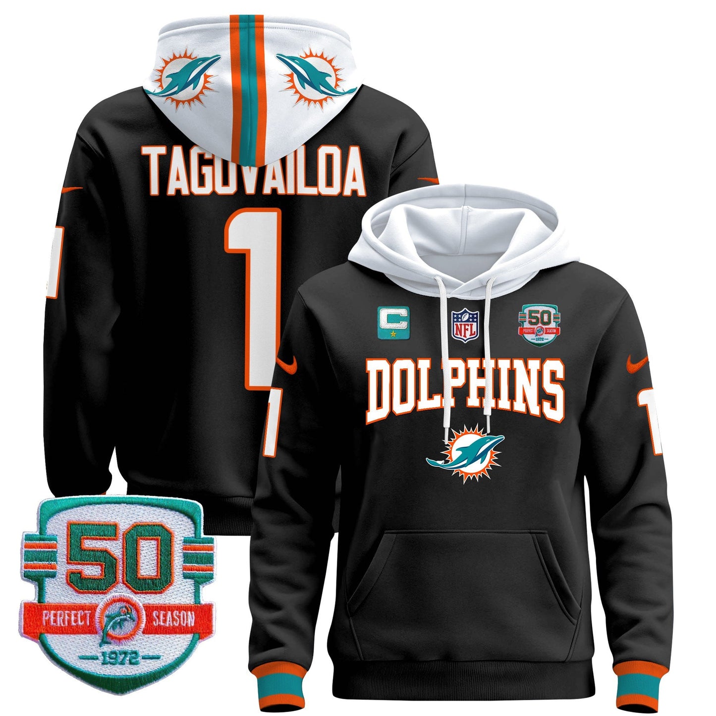 Dolphins 50th 1972 Perfect Season Patch Pullover Hoodie V2 - All Stitched