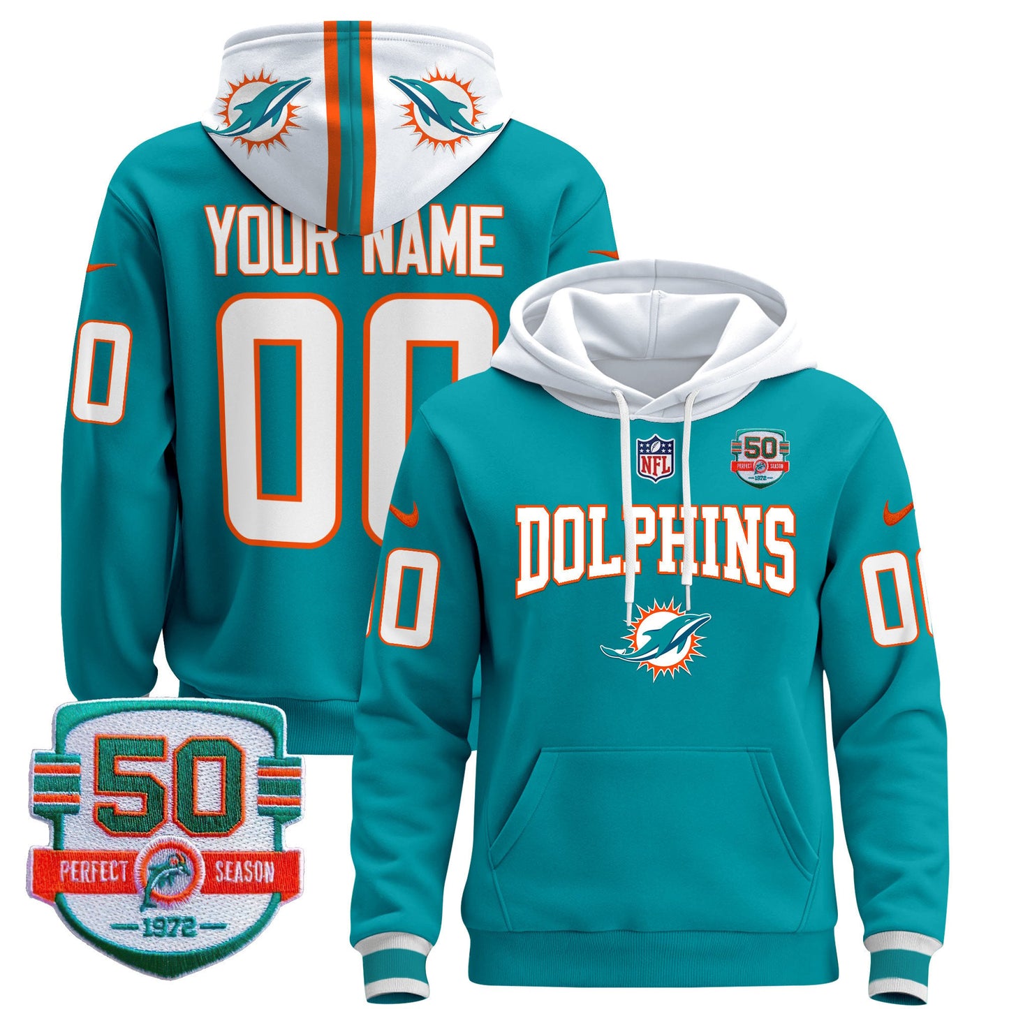 Dolphins 50th 1972 Perfect Season Patch Custom Pullover Hoodie V2 - All Stitched