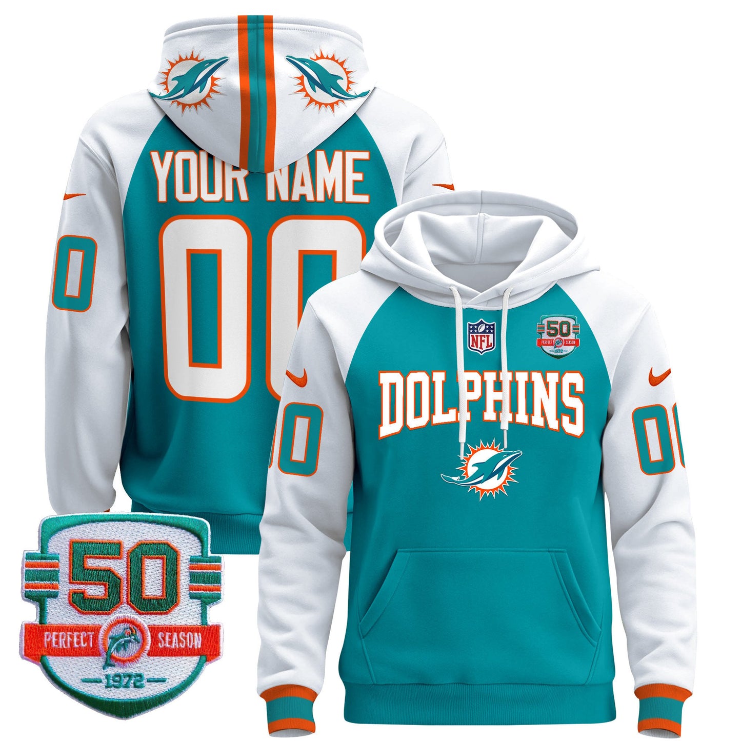 Dolphins 50th 1972 Perfect Season Patch Custom Pullover Hoodie V2 - All Stitched