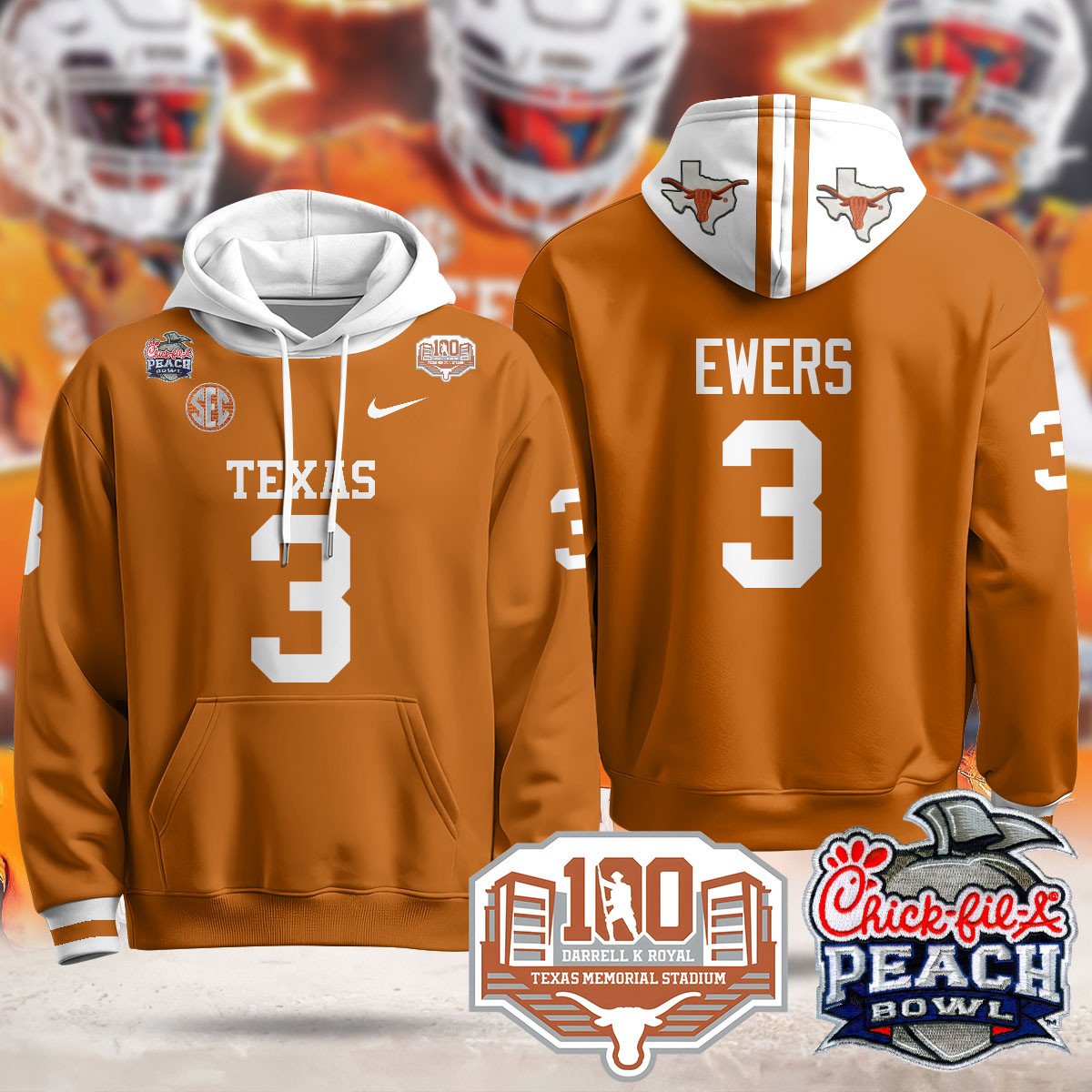 Texas Longhorns 2024 Chick-fil-A Peach Bowl Hoodie - All Stitched