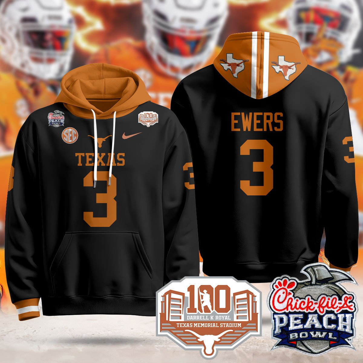 Texas Longhorns 2024 Chick-fil-A Peach Bowl Hoodie - All Stitched