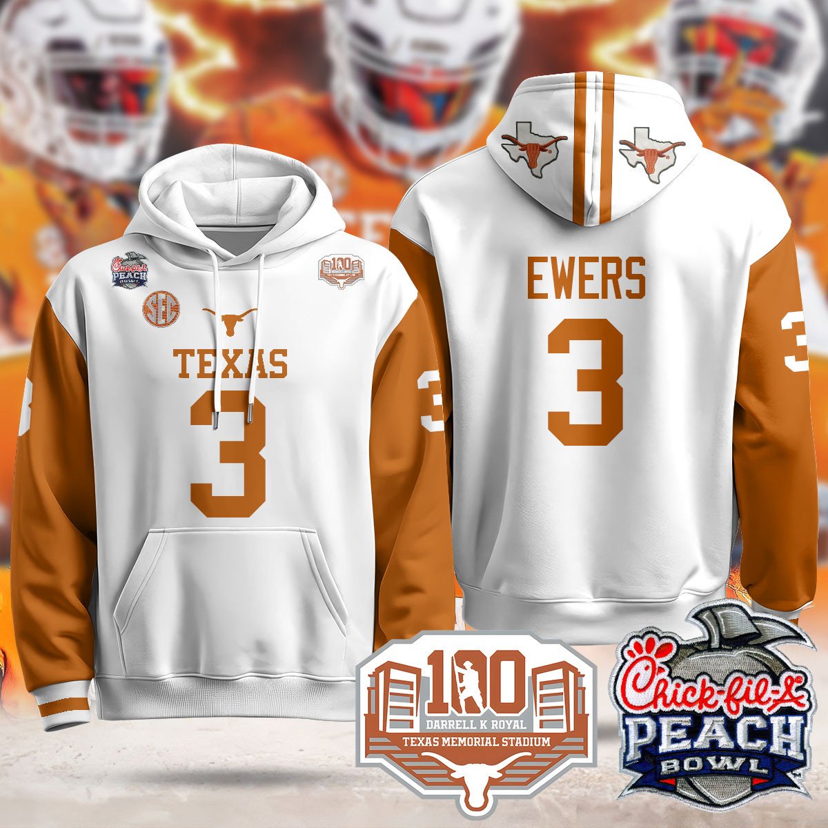 Texas Longhorns 2024 Chick-fil-A Peach Bowl Hoodie - All Stitched