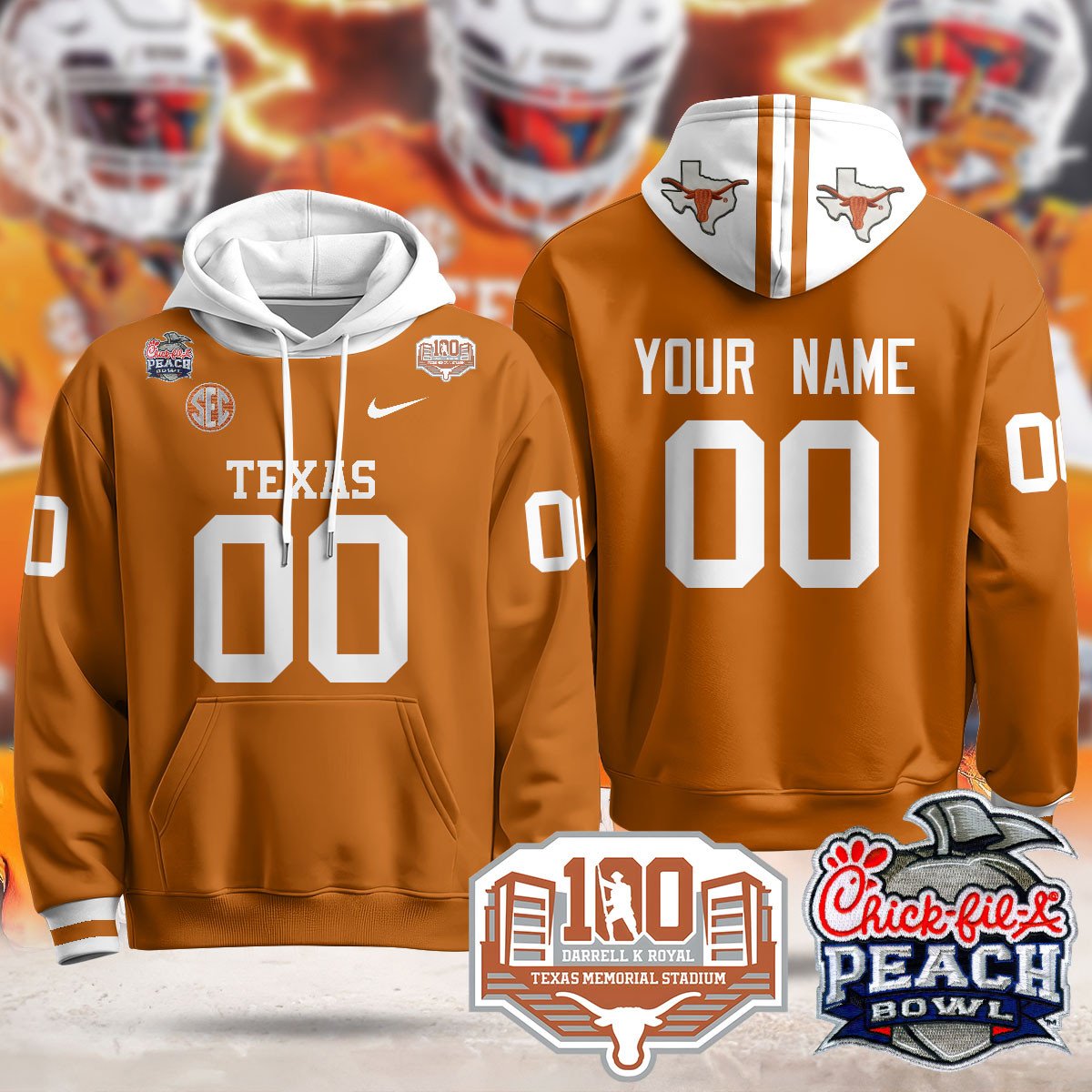 Custom Texas Longhorns 2024 Chick-fil-A Peach Bowl Hoodie - All Stitched