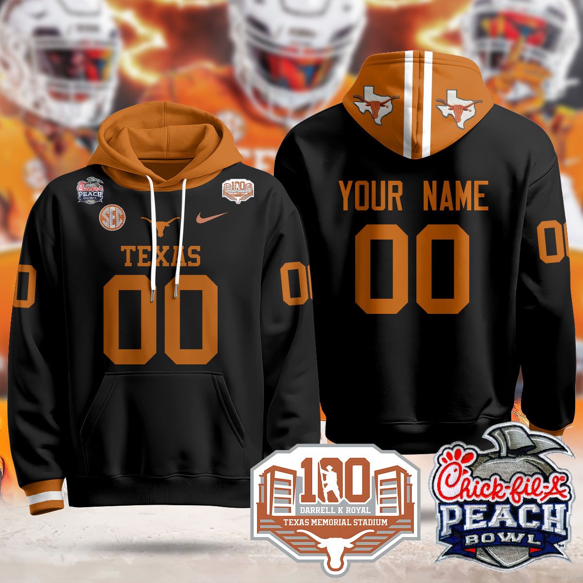 Custom Texas Longhorns 2024 Chick-fil-A Peach Bowl Hoodie - All Stitched