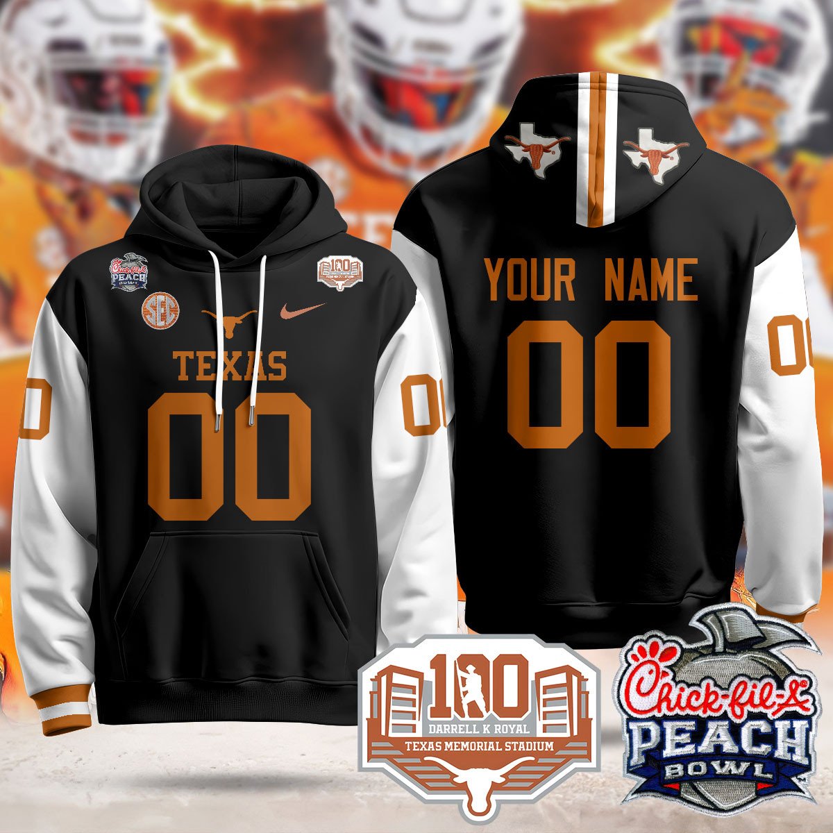 Custom Texas Longhorns 2024 Chick-fil-A Peach Bowl Hoodie - All Stitched