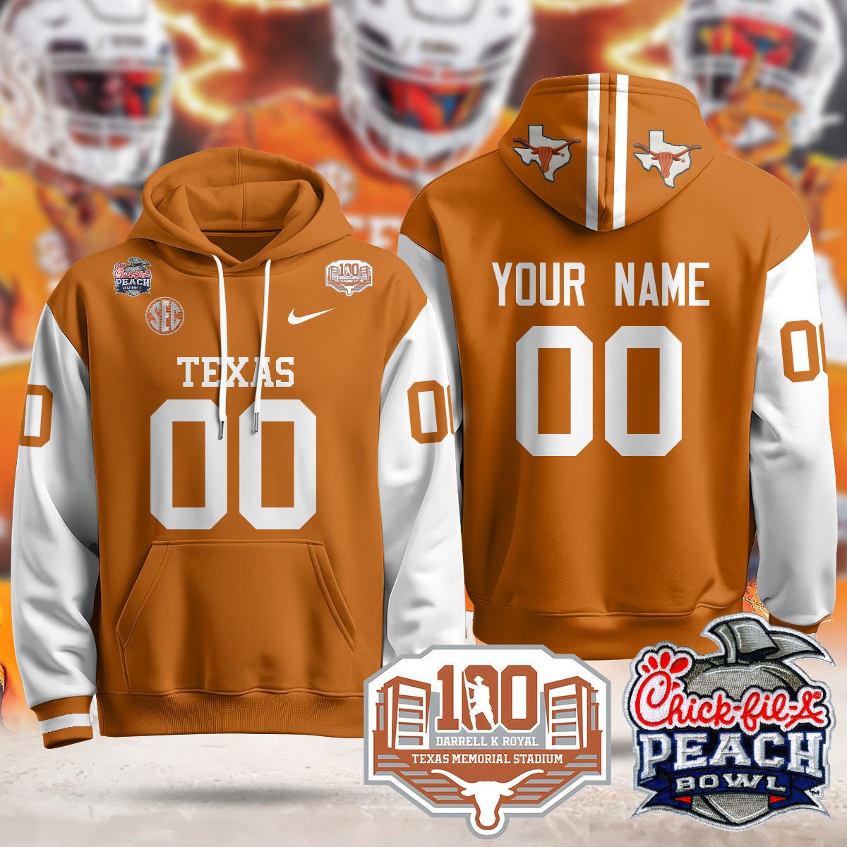 Custom Texas Longhorns 2024 Chick-fil-A Peach Bowl Hoodie - All Stitched