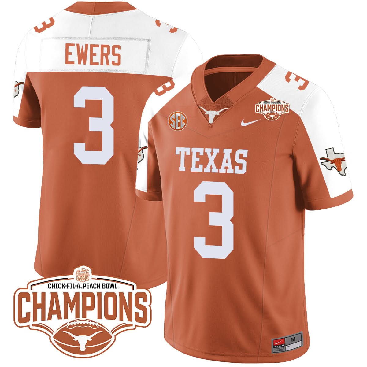 Texas Longhorns 2024 Peach Bowl Champions Jersey - All Stitched