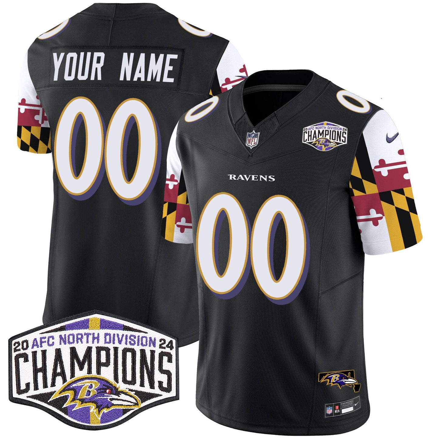 Ravens Maryland Flag 2024 AFC North Division Champions Patch Vapor Limited Custom Jersey - All Stitched