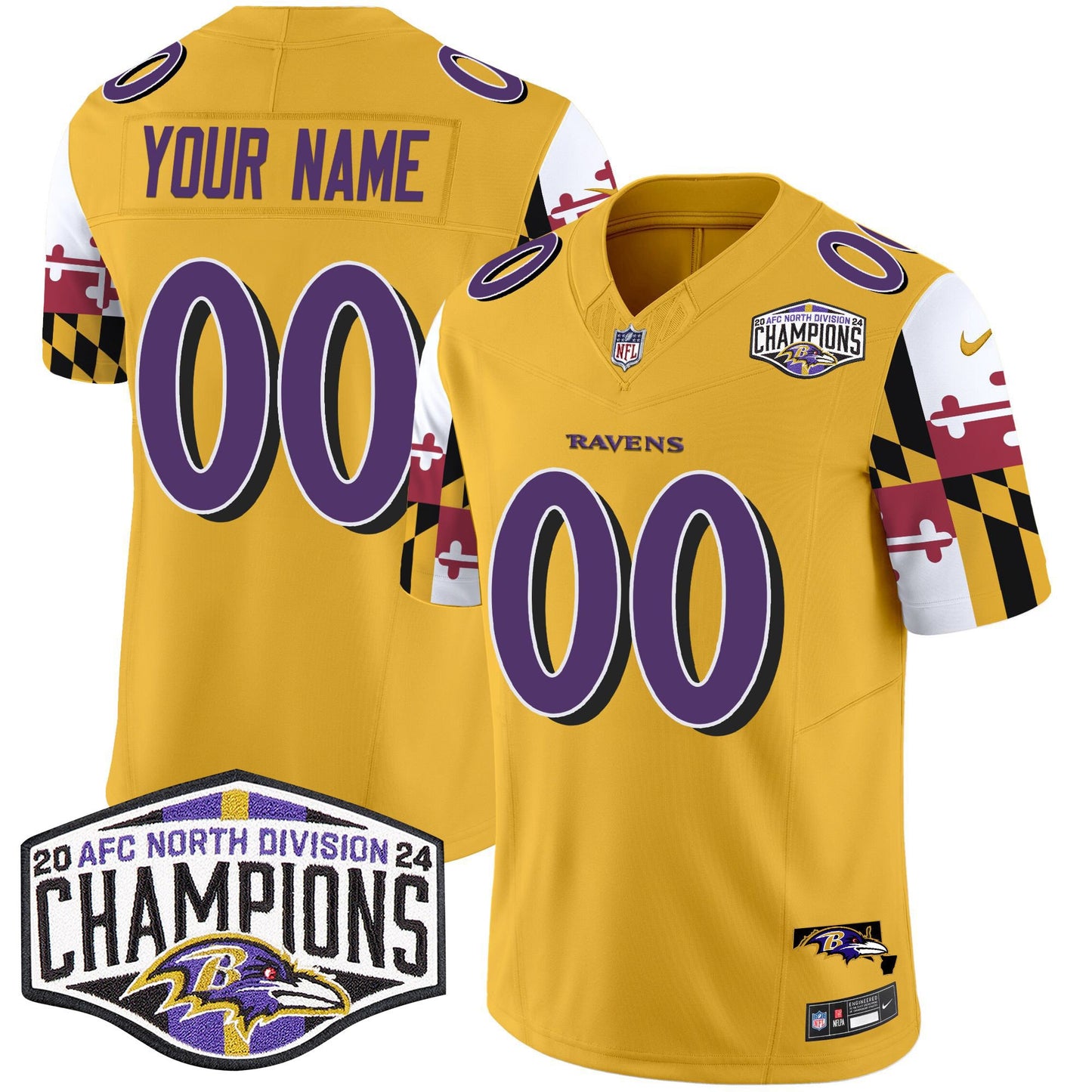 Ravens Maryland Flag 2024 AFC North Division Champions Patch Vapor Limited Custom Jersey - All Stitched