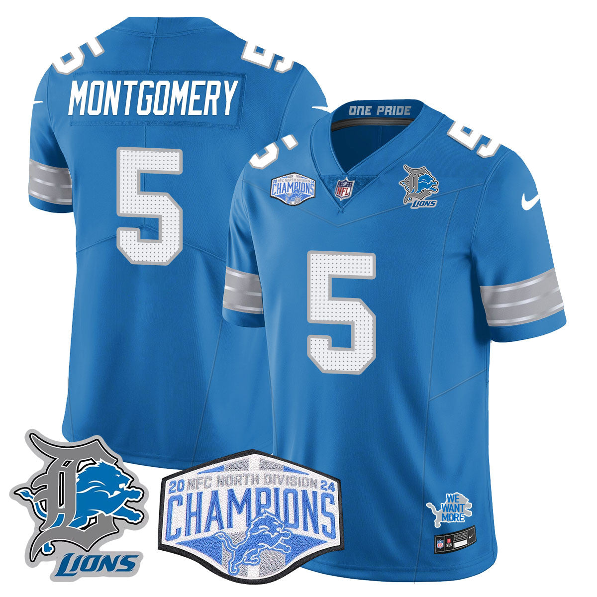 Detroit Lions 2024 NFC North Champions Gold Jersey - All Stitched