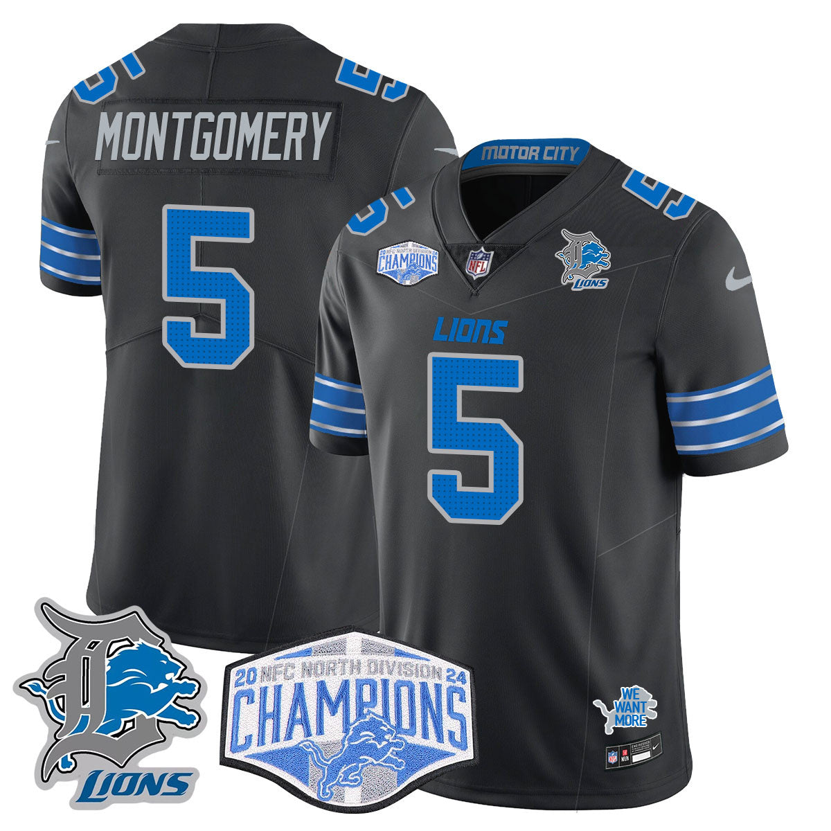 Detroit Lions 2024 NFC North Champions Gold Jersey - All Stitched