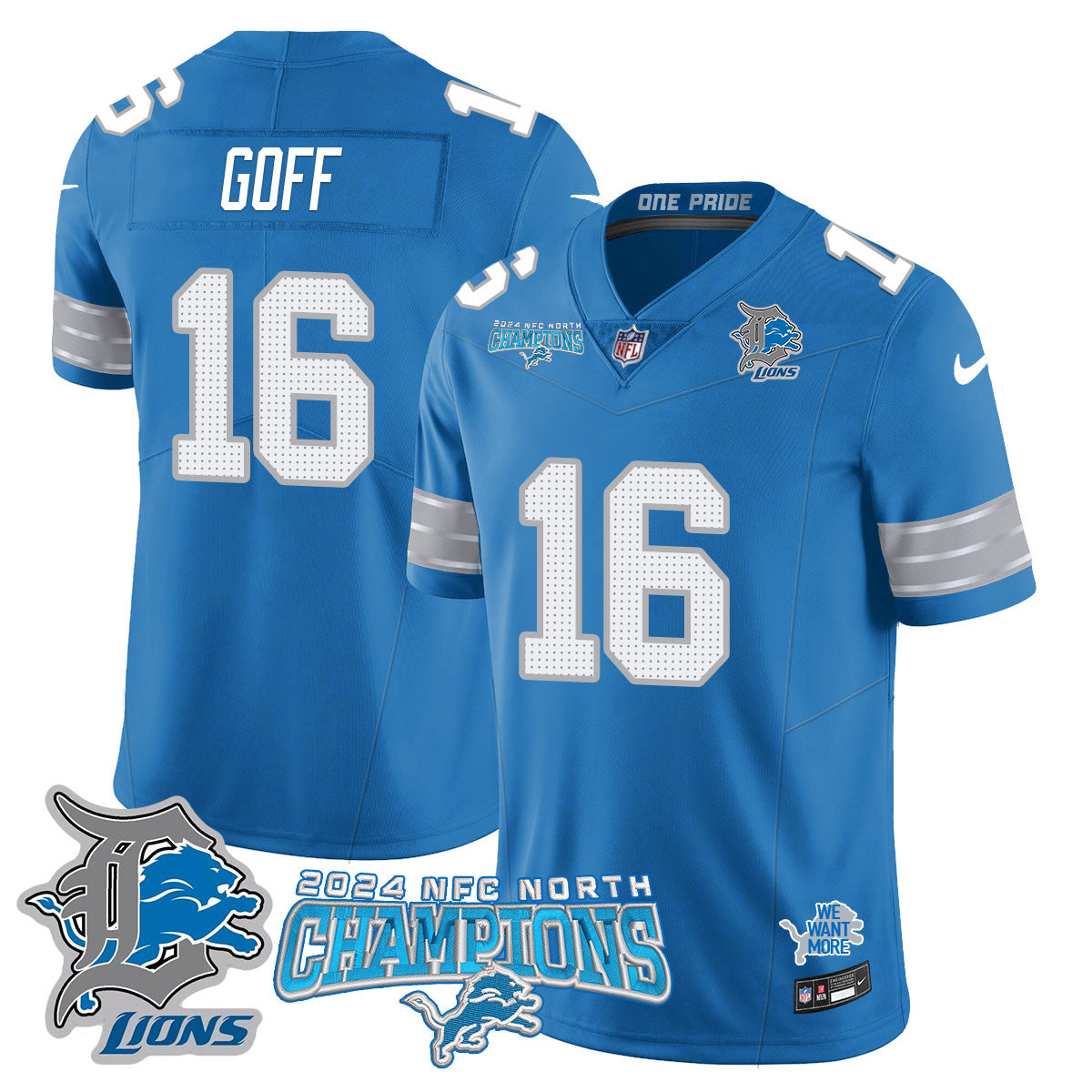 Detroit Lions 2024 NFC North Champions Gold Jersey N1 - All Stitched