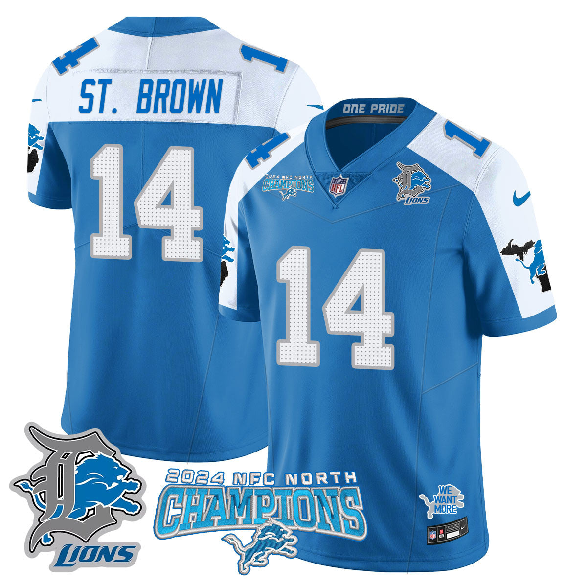 Detroit Lions 2024 NFC North Champions Gold Jersey N1 - All Stitched