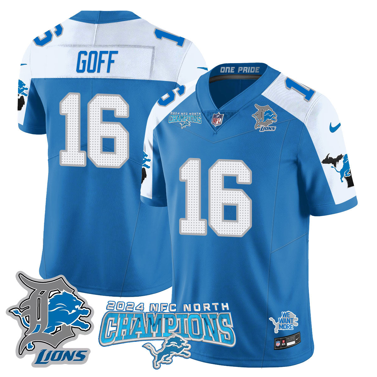 Detroit Lions 2024 NFC North Champions Gold Jersey N1 - All Stitched