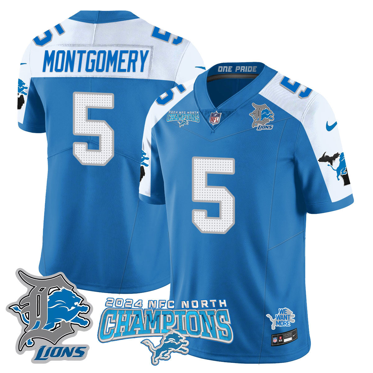 Detroit Lions 2024 NFC North Champions Gold Jersey N1 - All Stitched