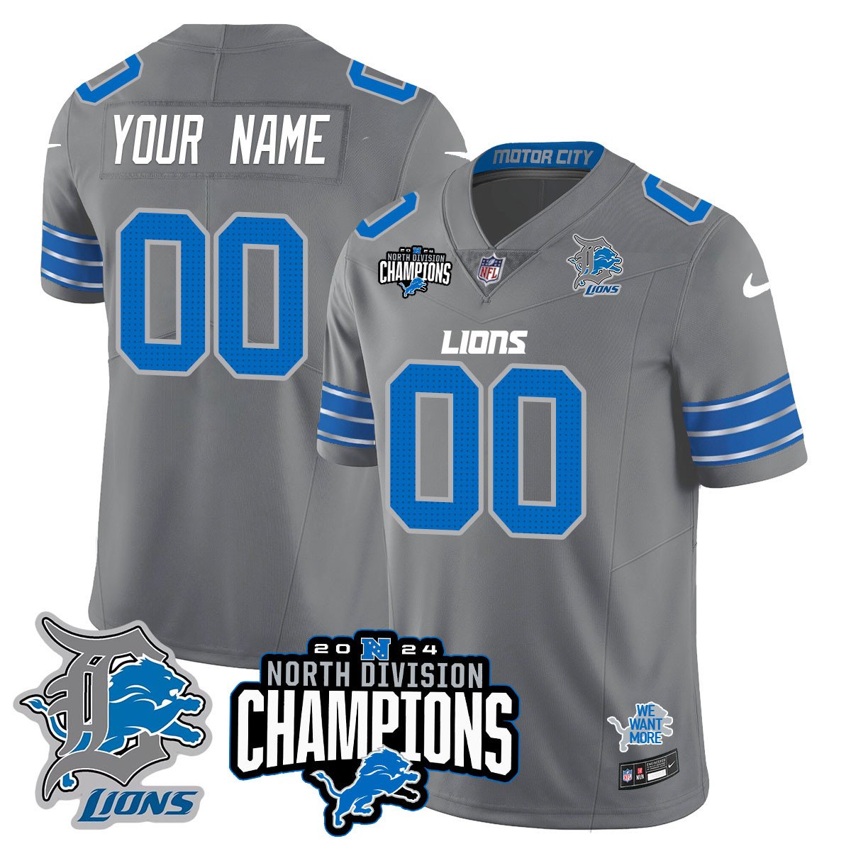 Custom Gender/Name Detroit Lions 2024 NFC North Champions Gold Jersey N2 - All Stitched