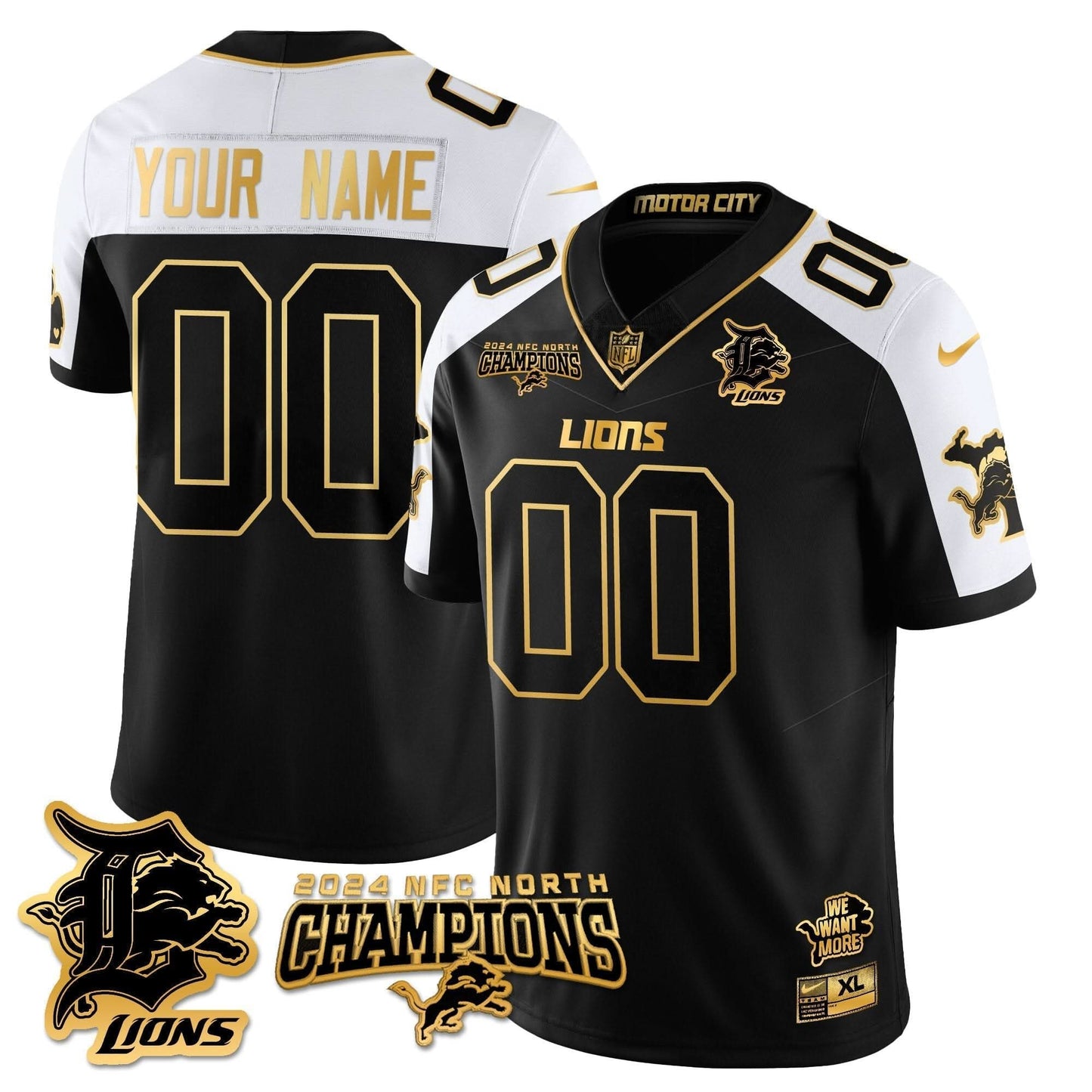Custom Gender/Name Detroit Lions 2024 NFC North Champions Gold Jersey N1 - All Stitched
