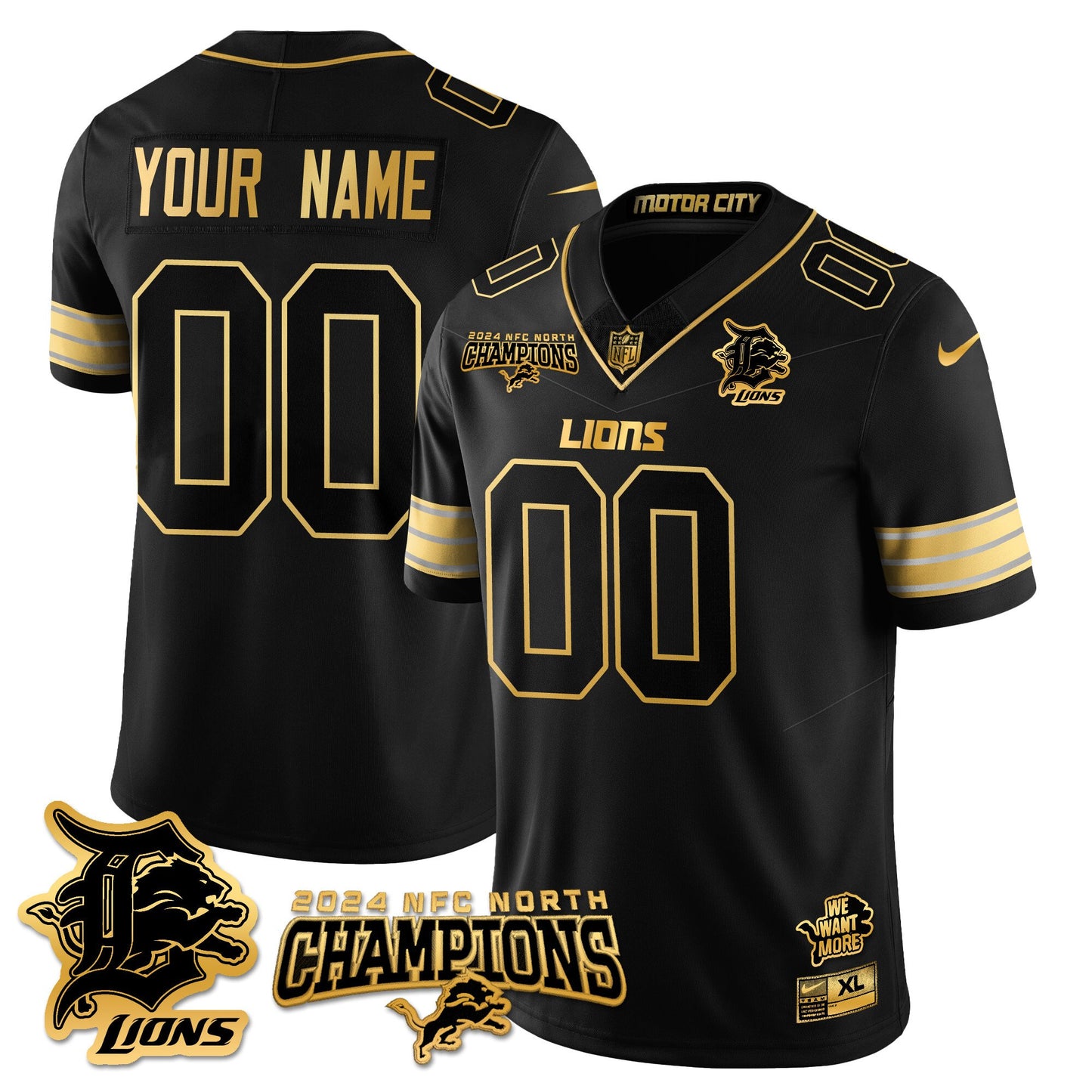 Custom Gender/Name Detroit Lions 2024 NFC North Champions Gold Jersey N1 - All Stitche