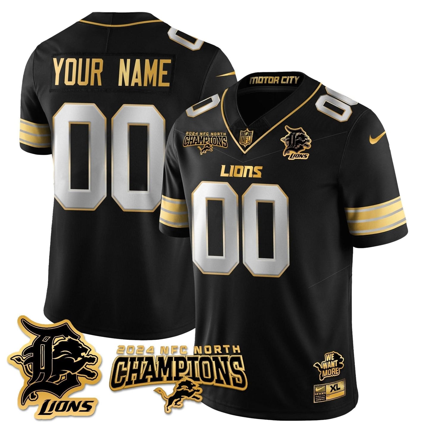 Custom Gender/Name Detroit Lions 2024 NFC North Champions Gold Jersey N1 - All Stitched