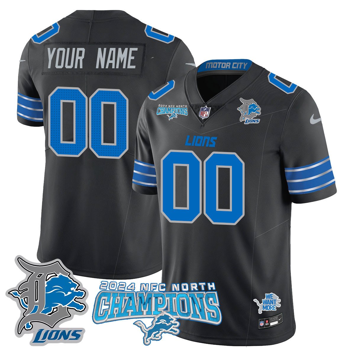 Custom Gender/Name Detroit Lions 2024 NFC North Champions Gold Jersey N1 - All Stitche